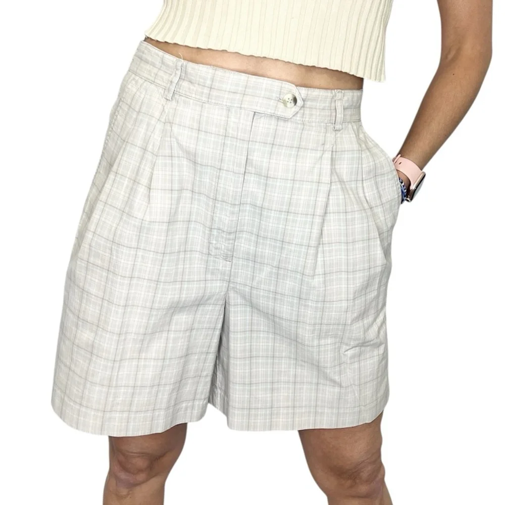 Vintage 80s 90s IZOD 100% cotton beige tan plaid pleated long Bermuda shorts 10